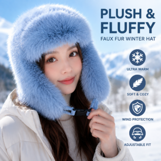 Princess Pajaro Luxury Faux Fur Winter Hat with Hood, Blue, Plush Fluffy Material, Cold Weather Winter Ski Accessory